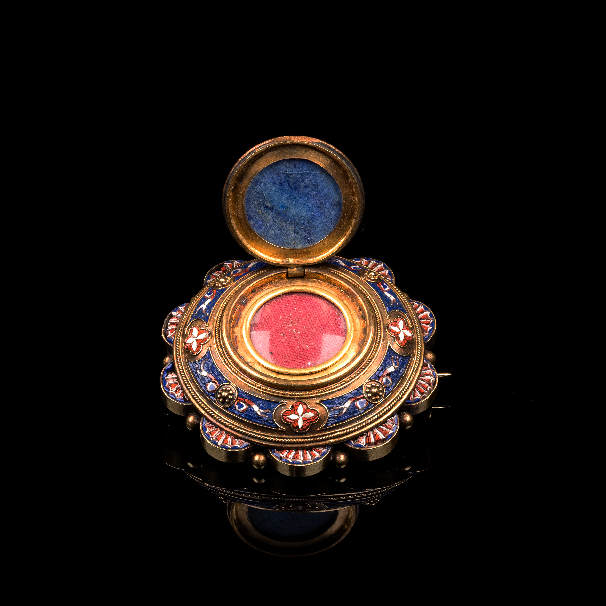A 19th c. Archaeological Revival Micromosaic Gold Brooch with Lapis Lazuli and Hidden Locket Compartment — Rome, circa 1880