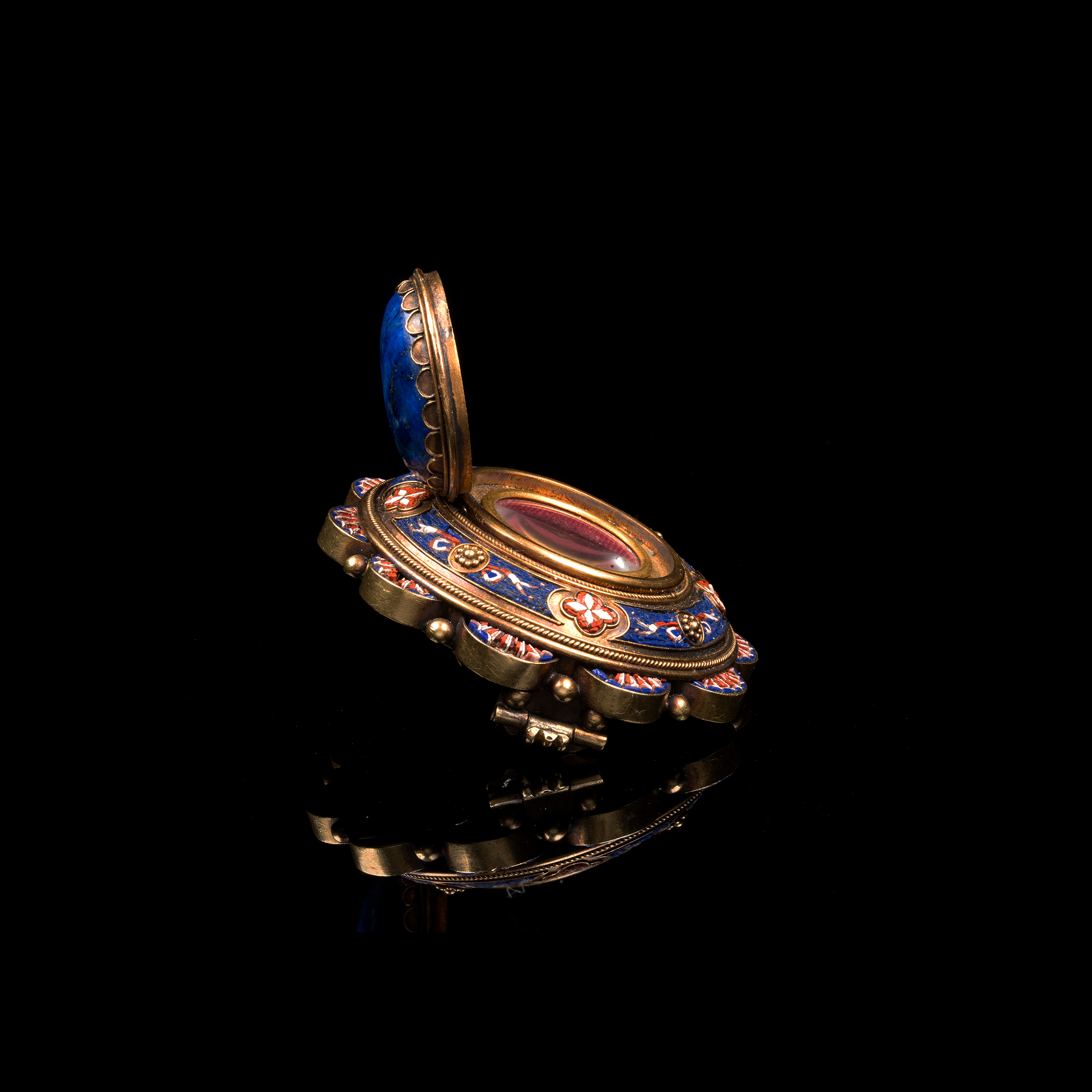 A 19th c. Archaeological Revival Micromosaic Gold Brooch with Lapis Lazuli and Hidden Locket Compartment — Rome, circa 1880